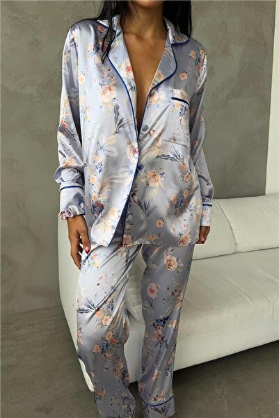 COCCOLARSI Fiori Color Lilla Saten Uzun Pijama Takımı