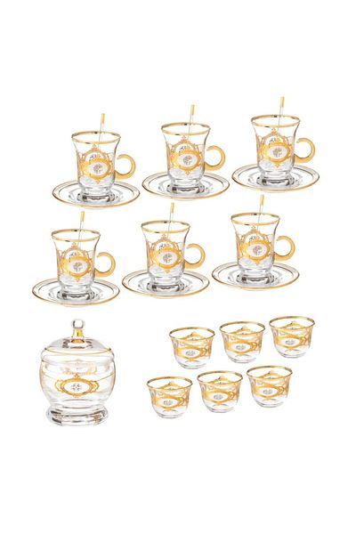 HIC Turkish Glass Tea and Coffee Set Platinum with Gold 26 Pieces