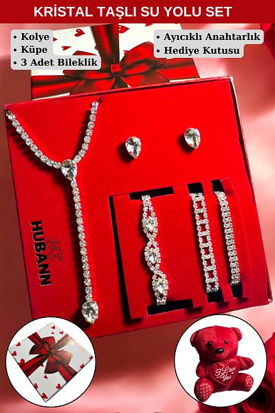 HUBANN Silver Colored Crystal Stone Jewelry Set - Gift Product with Teddy Bear Keychain