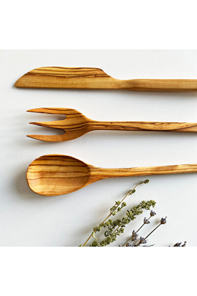 egedeneve Natural Olive Wood Wooden 3-Piece Zeus Dinnerware Set - Fork & Knife & Spoon
