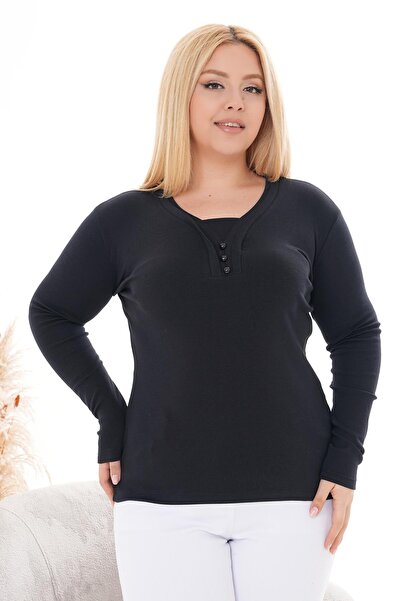 Siyezen Блуза от памук с V-образно деколте и копчета, в големи размери