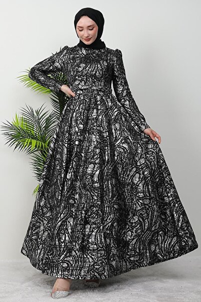 GİZ AGİYİM Feraye Simli Tesettür Abiye Siyah