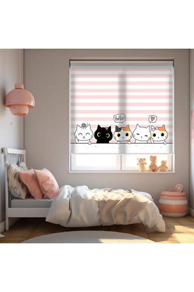 AD Home Sevimli Kediler vektör Baskılı Stor Perde - Güneşlik Perdesi - Çocuk ...