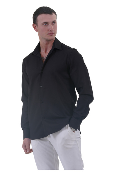 Exve Exclusive Black Soft Collar Dobby Textured Comfortable Fit Elegant Cotton Woven Shirt