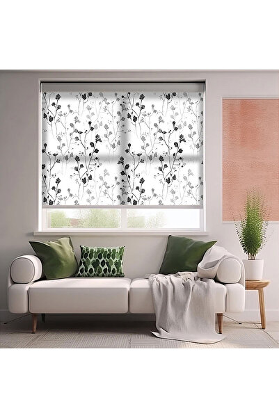 AD Home Gri Çiçekler Baskılı Stor Perde - Güneşlik - Mutfak Perde, Salon Perd...
