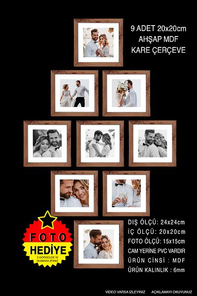 yhfoto 9 Pieces 20x20 Frame - Kemençe Frame - Square Mdf Frame - Photo Frame Set