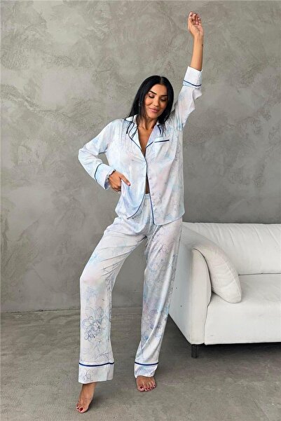 COCCOLARSI Elika Morbido Blu Saten Uzun Pijama Takımı