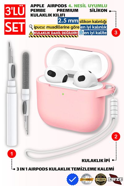 EWEC 4Th Generation Compatible Pink Silicone Earphone Sleeve with Headphone Lanyard and 3 in 1 Cleaning Pen Set