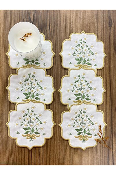 Teksev Gold Papatya Linen Keten 6'lı Kokteyl Peçetesi Sırma Nakış İşlemeli Kahve Yanı Sunumluk