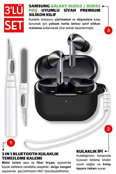 EWEC Samsung Galaxy Buds3, Buds3 Pro, Buds3 FE Uyumlu Silikon Kılıf, Kulaklık İpi, Temizleme Kalemi Seti