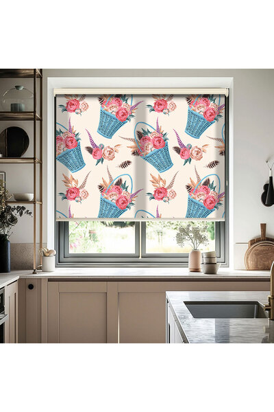 AD Home Μπλε λουλούδια σε καλάθι Τυπωμένες κουρτίνες συρόμενες - Κουρτίνα ηλι...