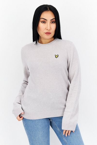 Lyle & Scott Women Crew Neck Embroidered Logo Knitted Sweater, Light Grey