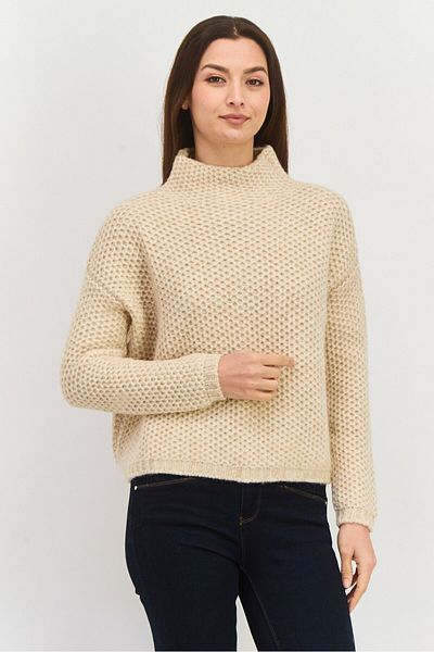 Hugo by Hugo Boss Women Mock Neck Crochet Long Sleeves Sweatshirt, Beige