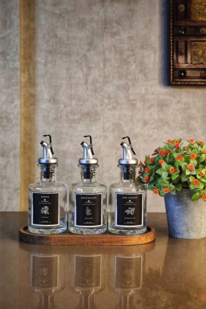 KHAKMA Transparent 3-Piece 250 Ml Olive Oil Vinegar Pomegranate Syrup Oil Pot with Wooden Stand Black