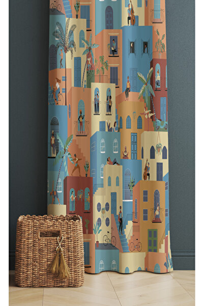 ALAMODECOR İskandinav Ev Model Şehir Manzaralı Tek Kanat Genç Odası Fon Perde