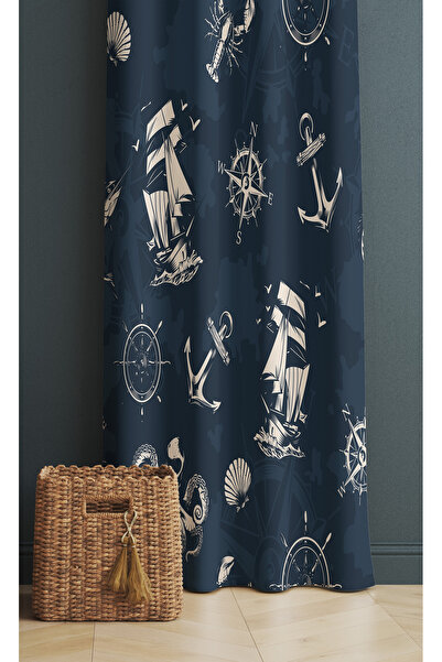 ALAMODECOR Denizcilik Gemi Yelken Model Mavi Renk Tek Kanat Genç Odası Fon Perde