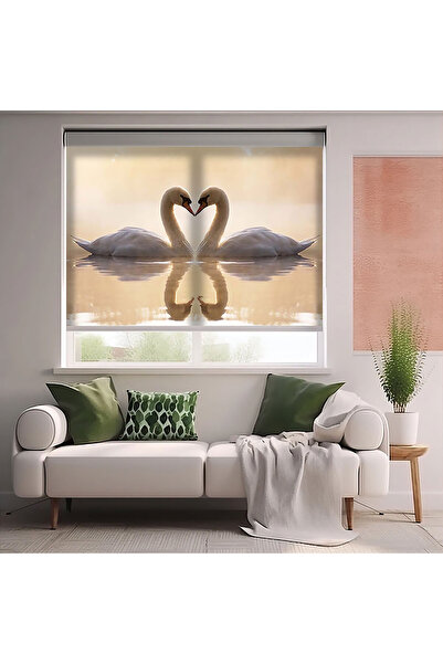 AD Home Kuğular ve Göl Baskılı Stor Perde - Güneşlik - Salon Perde, Mutfak Pe...