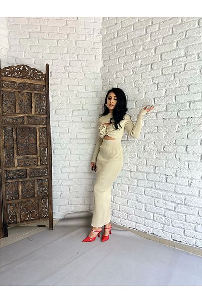moneta boutique Ροζ Λεπτομερές Γυναικείο Πλεκτό Φόρεμα - Χαμηλό στήθος