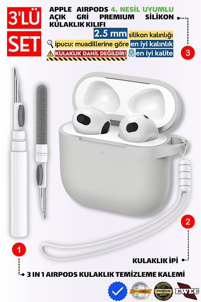 EWEC 4Th Generation Compatible Light Gray Silicone Earphone Sleeve with Headphone Lanyard and 3-in-1 Cleaning Pen Set