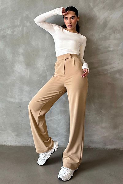 Madmext Beige Lycra Velcro Closure Palazzo Trousers Mg2291