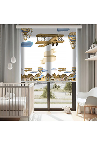 AD Home Uçak ve Balon Vektörel Baskılı Stor Perde - Güneşlik - Erkek Çocuk Od...