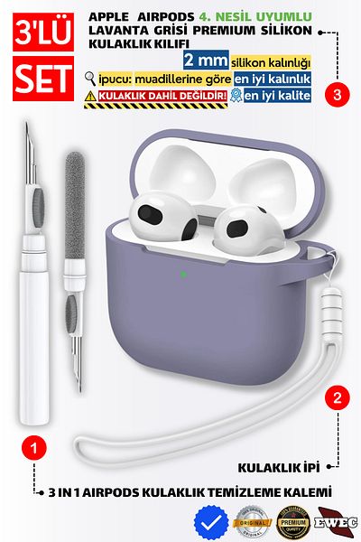 EWEC 4Th Generation Compatible Gray Silicone Headphone Case, Headphone Rope and 3-in-1 Cleaning Pen Set