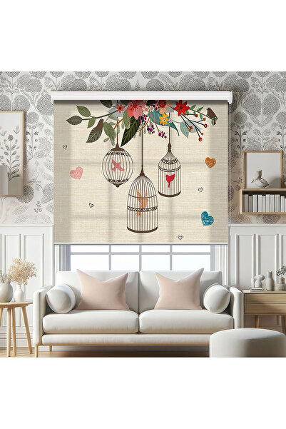 AD Home Kafes ve Kuşlar Baskılı Stor Perde - Baskılı Güneşlik Perdesi - Salon...
