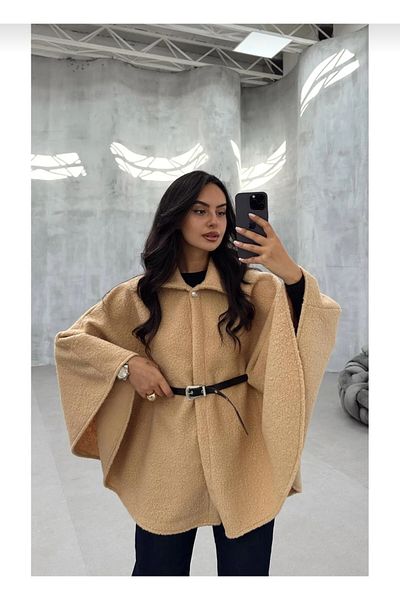 Butik Beyza Кимоно пончо с колан и букле от единично копче