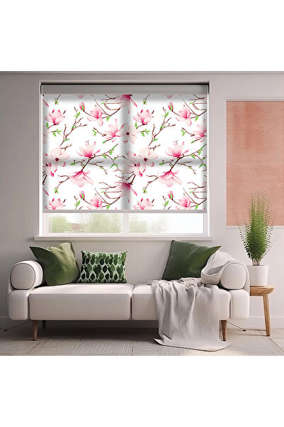 AD Home Pembe Çiçek Dalları Baskılı Stor Perde - Baskılı Güneşlik Perdesi - S...