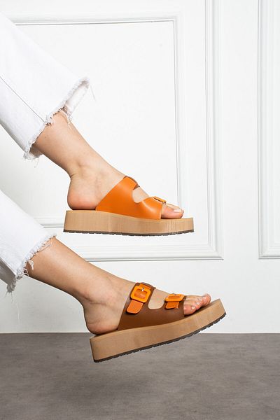 DABAB AYAKKABI Women's Orange Brown Buckle Detailed Femini Model Eva Lightweight Thick Sole Slippers