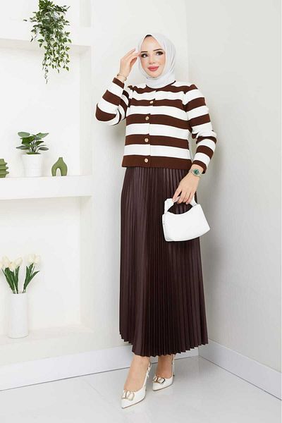 mf venessa Women's Front Buttoned Cardigan Pleated Skirt Suit