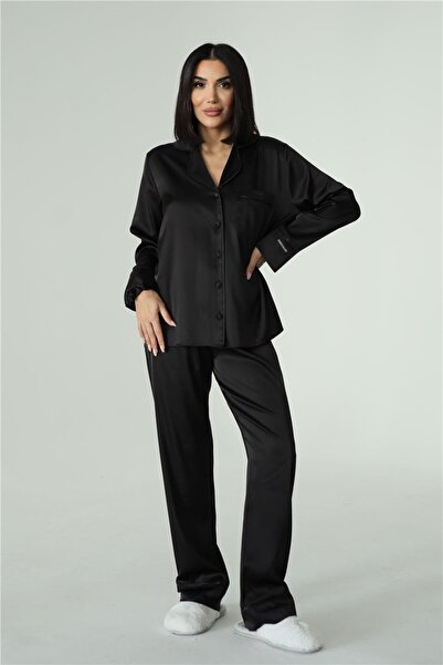 COCCOLARSI Nobiltà Della Notte Siyah Saten Uzun Pijama Takımı