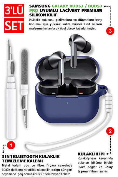EWEC Samsung Galaxy Buds3, Buds3 Pro, Buds3 FE Uyumlu Silikon Kılıf, Kulaklık İpi, Temizleme Kalemi Seti