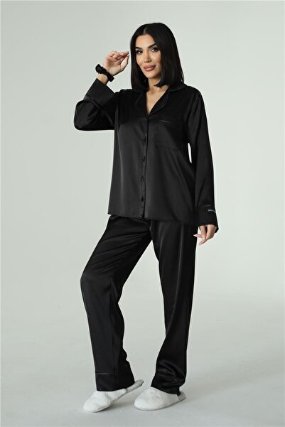 COCCOLARSI Nobiltà Della Notte Siyah Saten Uzun Pijama Takımı