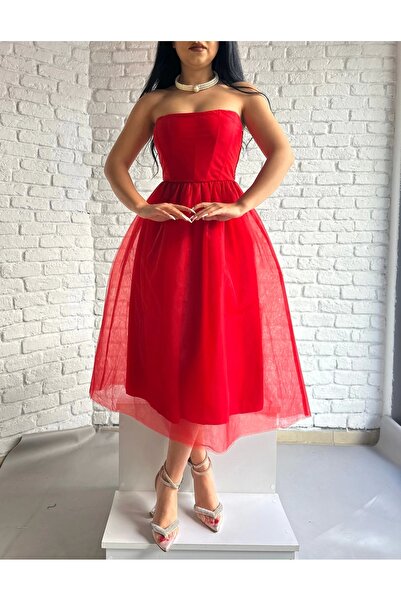 moneta boutique Γυναικείο Στράπλες Τούλι Μίντι Σχεδιαστή Φόρεμα - Κόκκινο