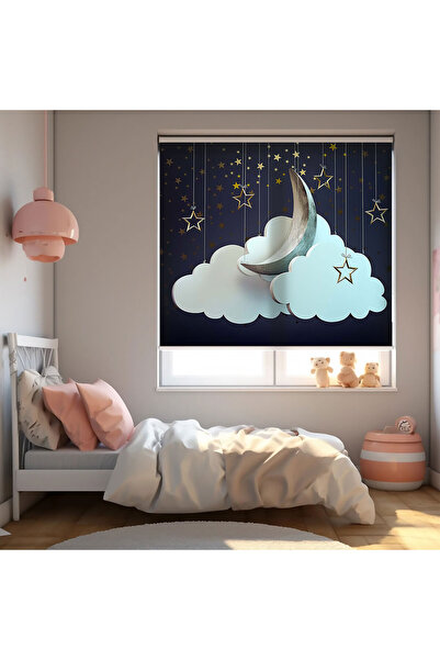 Bright Cover Ay ve Bulutlar Baskılı Stor Perde - Güneşlik Perdesi - Bebek Oda...