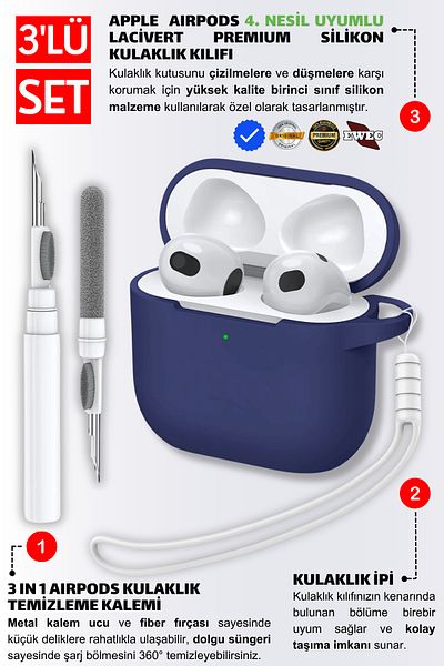 EWEC 4Th Generation Compatible Dark Blue Silicone Earphone Case, Earphone Rope and 3-in-1 Cleaning Pen Set