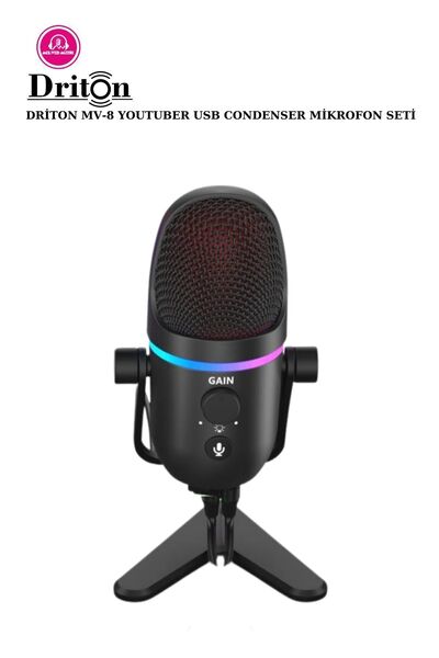 DRİTON Driton Youtuber Mikrofon Mv-8 Siyah Usb Rgb Dinamik Cardioid Condenser Podcast Yayıncı Mikrofonu