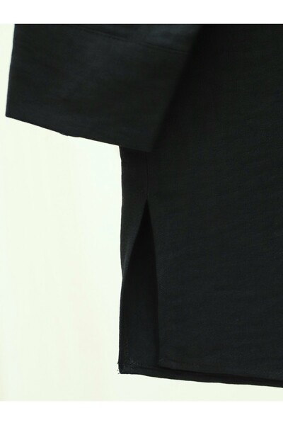 Modamorfo Breasted Flower Embroidered Slit Shirt -Black