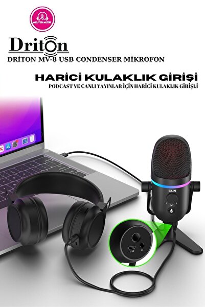 DRİTON Driton Youtuber Mikrofon Mv-8 Siyah Usb Rgb Dinamik Cardioid Condenser Podcast Yayıncı Mikrofonu