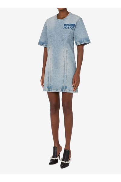 Moschino Jeans Açık Mavi Kadın Baskılı Denim Elbise A0415-1303 Beden: M
