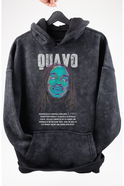 Fuddy Moda سويت شيرت بقلنسوة كبير الحجم مطبوع من Quavo Post - هودي ريترو بتصميم رابر للجنسين