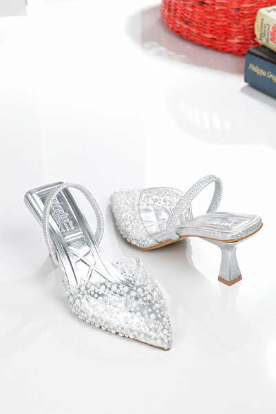leopar by çetinay Pearl Silver Transparent - Silver Stone Detailed Elastic Open Back Square Heeled Shoes
