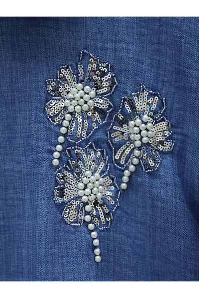 Modamorfo Cămașă albastră - Broderie florală pe piept și cu fante