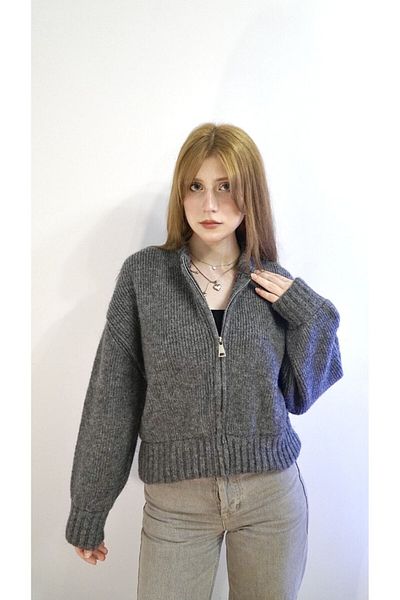 dubera creative Women's Anthracite Zippered Knitwear Cardigan