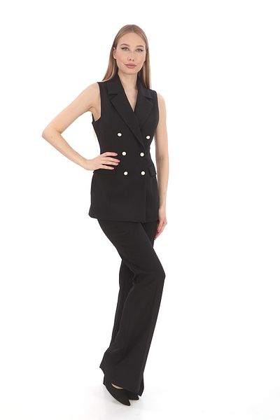 PEARL Women's Vest Pants Suit Black Crepe Double Breasted Pearl Buttoned Slim Fit Stylish Office Invitation Casual Combination