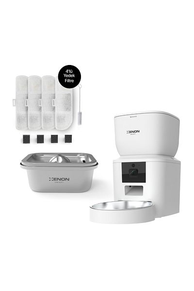 Xenon Smart Automatic Cat Food and Filter Set with 4L Capacity - Smart Steel Hopper, Voice Communication, White