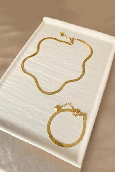 By Zeyna Aksesuar قلادة وسوار نسائي 316 L Steel Vip Series سلسلة إيطالية مضادة للحساسية ومضادة للتشويه (45 سم + 7 سم)