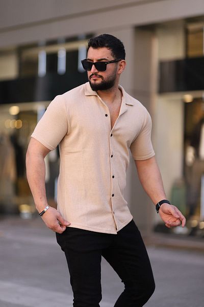 Trendseninle Ανδρικό μπεζ πλεκτό κοντομάνικο πουκάμισο