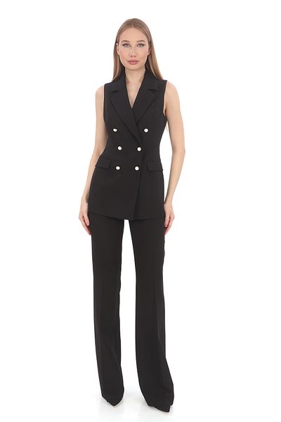 PEARL Women's Vest Pants Suit Black Crepe Double Breasted Pearl Buttoned Slim Fit Stylish Office Invitation Casual Combination